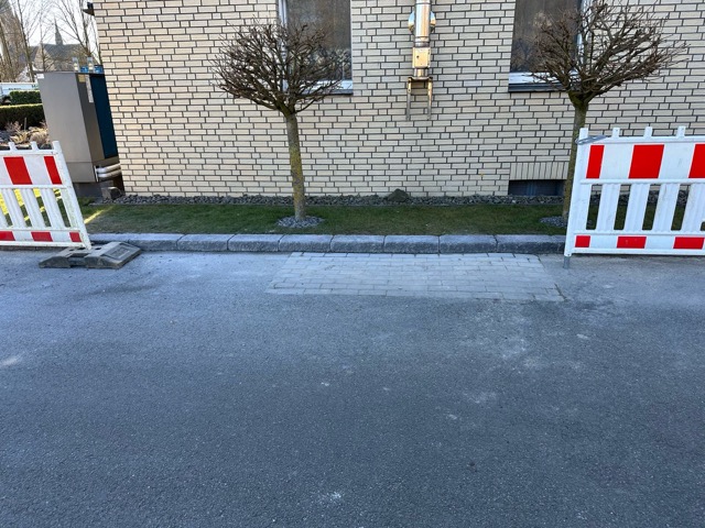 Zwei kahle Bäume vor einer beigen Ziegelmauer, flankiert von rot-weißen Absperrungen auf Asphalt.