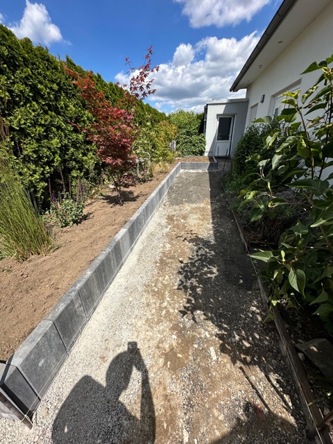 Ein neu angelegter Gartenweg mit Pflanzen und einem kleinen Baum neben einem weißen Haus an einem sonnigen Tag.