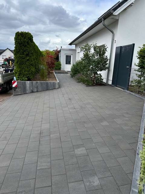 Moderner Eingangsbereich mit grauem Pflaster, weißen Fassaden und grünen Pflanzen linksseitig.