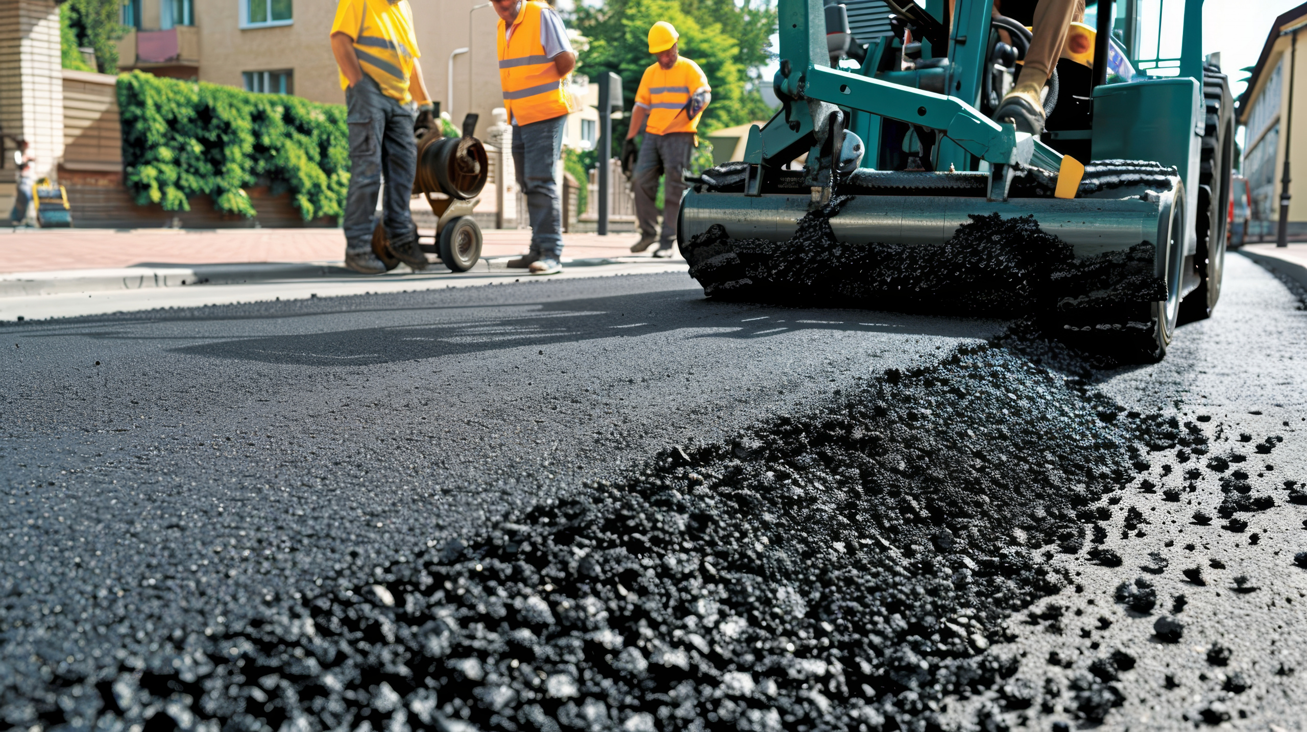 Bauarbeiter in orange Westen verteilen Asphalt mit einem Straßenfertiger auf einer städtischen Straße.